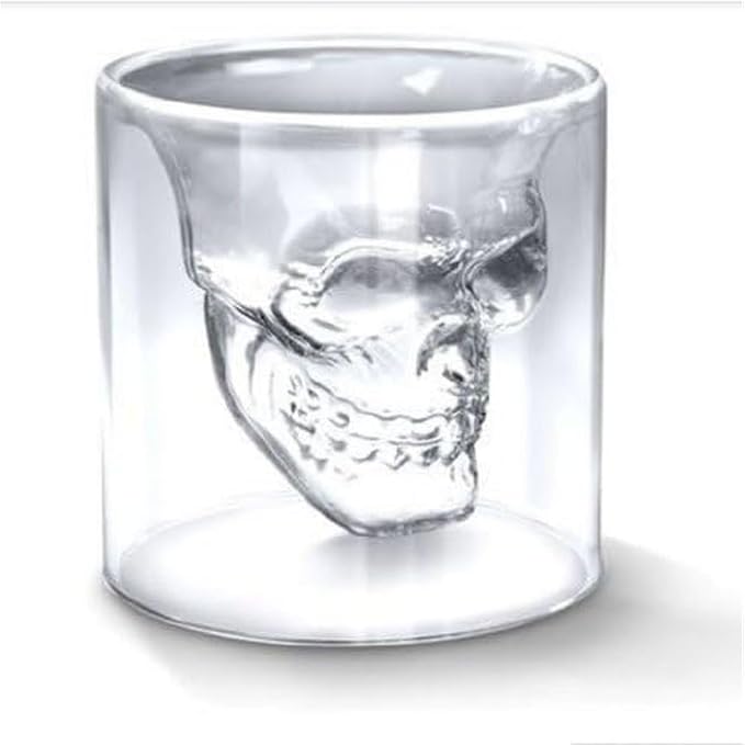 Genuine Fred DOOMED Crystal Skull Shotglass - 2.5 oz Hand Blown Borosilicate Glass for Whiskey and Tequila - Unique Double Walled Design Novelty Barware for Parties and Home Bars - skull bottle