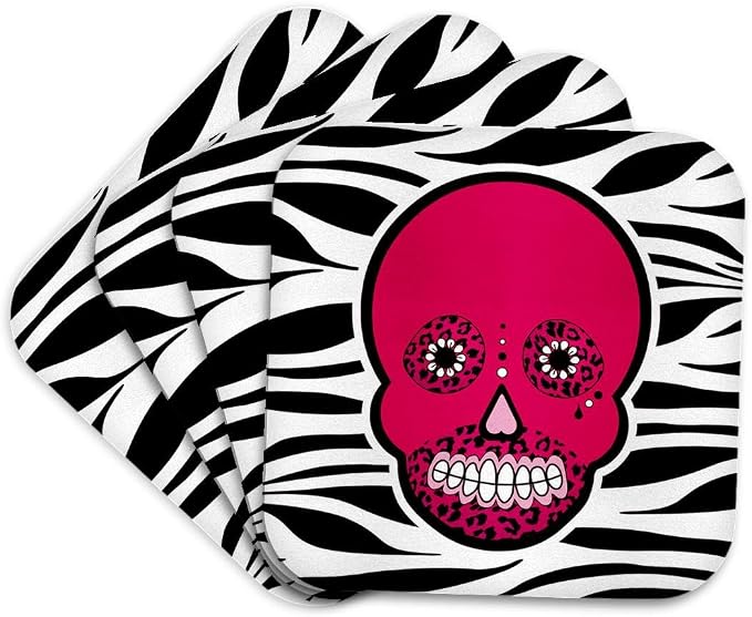 3dRose CST_35552_1 Day of The Dead Skull-Dia De Los Muertos-Zebra and Leopard Animal Print-Pink-Soft Coasters, Set of 4 - skull coaster