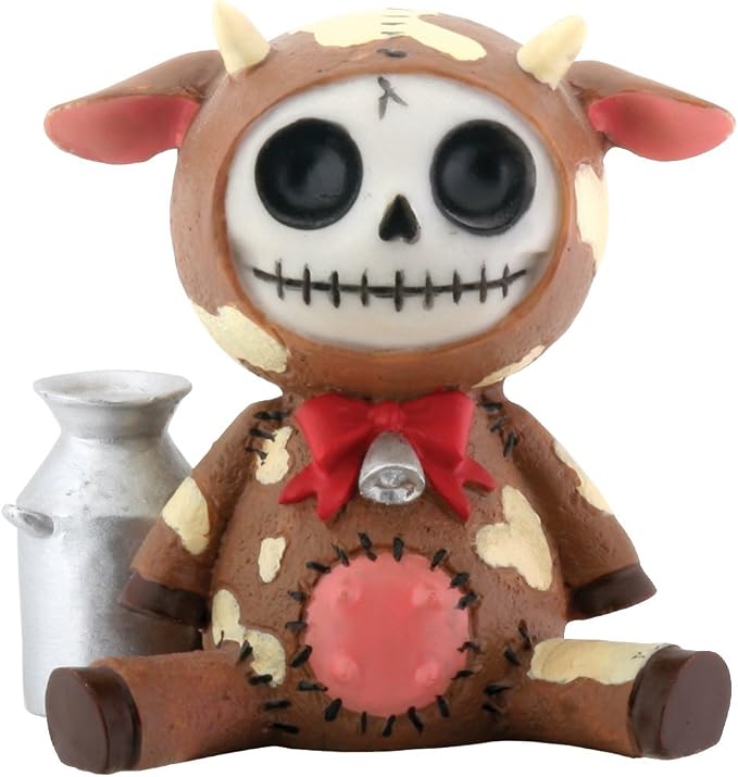 SUMMIT COLLECTION Furrybones Brown Moo Moo Signature Skeleton in Dairy Cow Costume with Tin Milk Can - skull figurine
