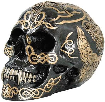 PTC 7 Inch Black and Gold Color Celtic Pattern Skull Statue Figurine - skull figurine