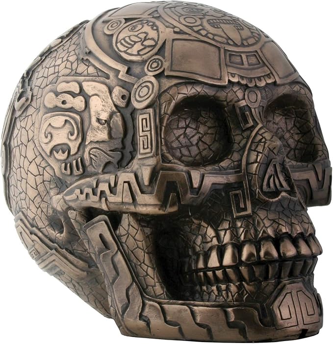 SUMMIT COLLECTION Bronze Aztec Skull with Engraving Collectible Statue - skull figurine