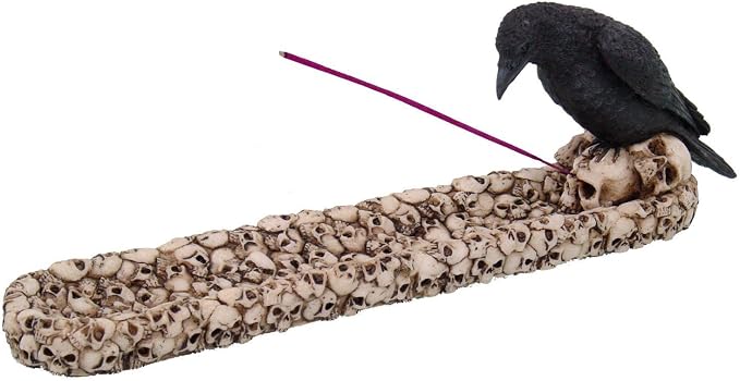 Black Raven Bird Stalking Prey Incense Burner on Skull Mound Statue Figurine - skull incense burner