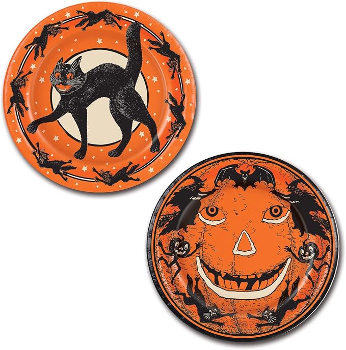 Beistle Halloween Round Plates, 9 Inch, Orange - skull plate