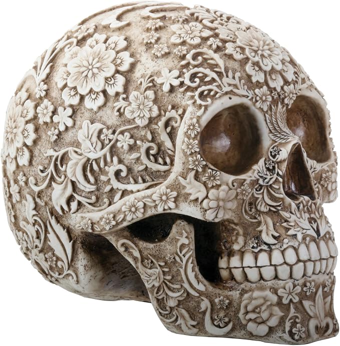 SUMMIT COLLECTION Day of The Dead 8 Inch White and Light Brown Colored Floral Human Skull Collectible - skull figurine