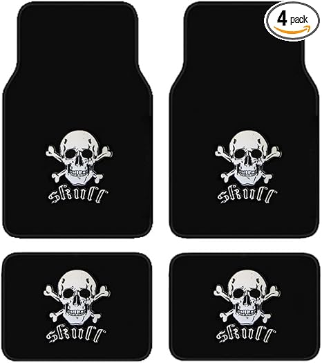BDK A Set of 4 Universal Fit Front and Rear Logo Plush Carpet Floor Mats-White Skull - skull carpet