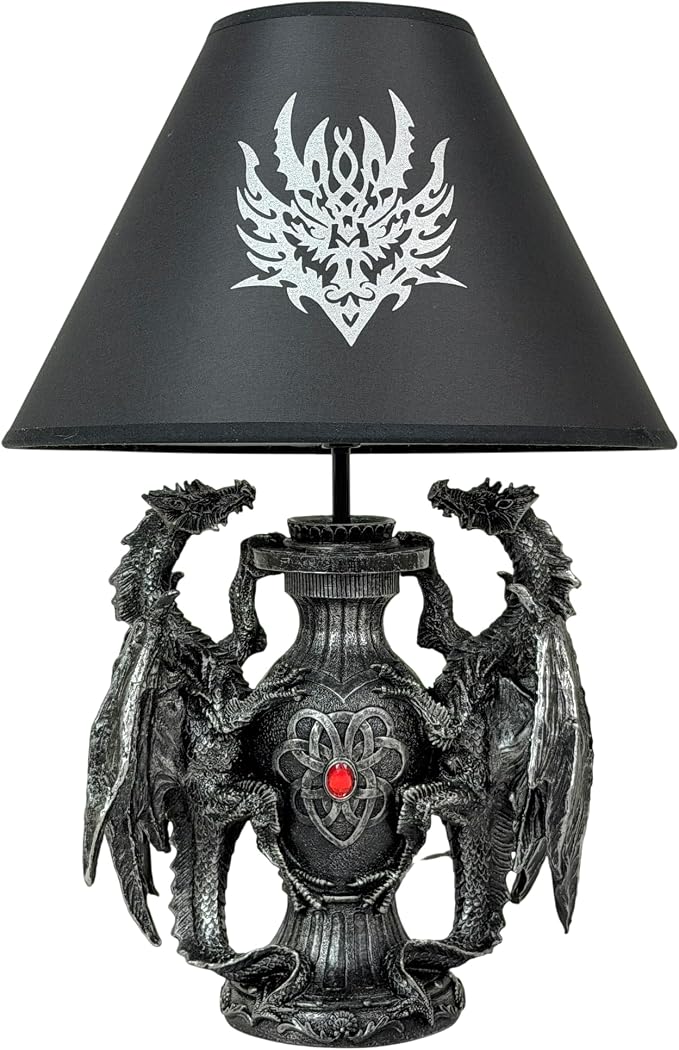 Dragon Table Lamp, 19 Inch Gothic Guardians with Black Fabric Shade - skull lamp
