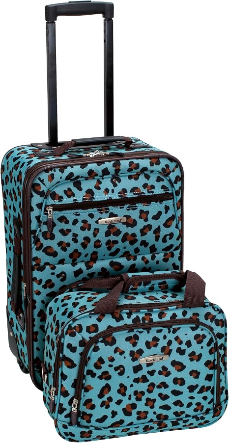 Rockland Fashion Softside Upright Luggage Set,Expandable,Telescopic Handle,Wheel, Blue Leopard, 2-Piece (14/19) - skull suitcase