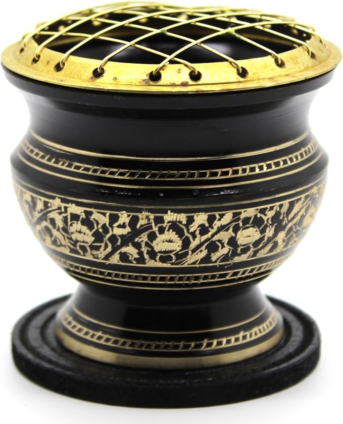 Govinda® -Tall Decorated Brass Charcoal Screen Incense Burner - skull incense burner