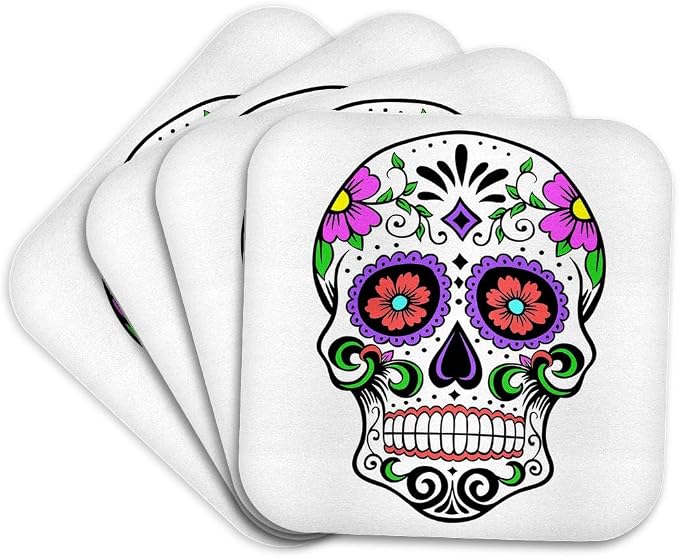 3dRose EvaDane - Signs - Sugar Skull, Pink Set of 4 Coasters - Soft - skull coaster