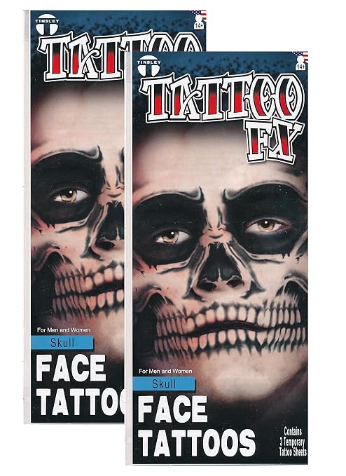 Day of the Dead Skeleton Skull Full Face Temporary Tattoo Kit - 2 Complete Kits - sugar skull makeup