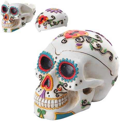 Pacific Giftware PTC Day of The Dead Themed Skull Hand Painted Resin Ashtray, White - skull figurine