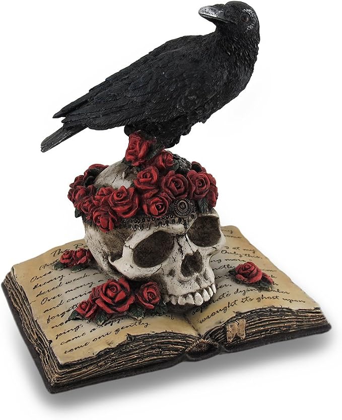 Zeckos Mystical Raven on a Rose-Covered Skull Hand Painted Resin Statue -,Perched Upon 'The Raven' Poetry Book - an Artistic Fusion of Macabre and Literary Allure - skull figurine