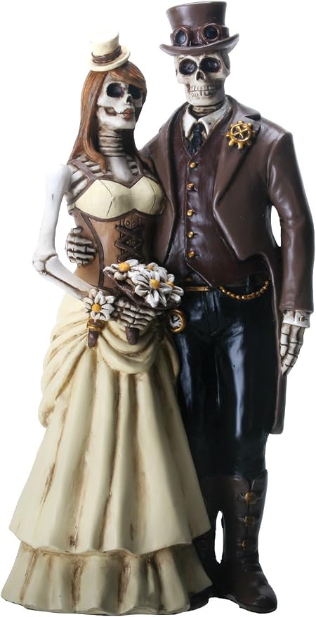 YTC 8 Inch Steampunk Skeleton Wedding Couple Statue Figurine, Brown - skull figurine
