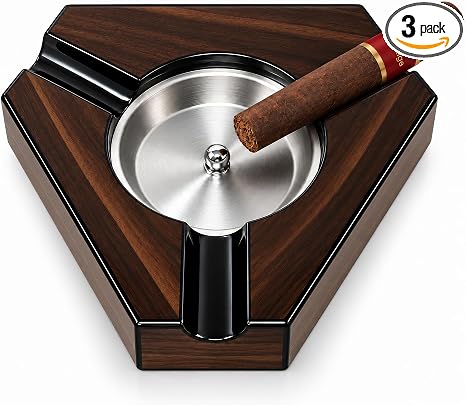 Prestige Import Group - Triangular Maple Lacquer 3 Cigar Ashtray - Dark Maple Wood and Black Accents - skull ashtray