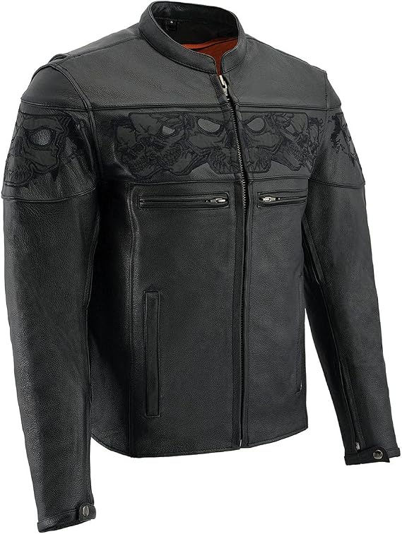 Milwaukee Leather MLM1500 Men's Crossover Black Leather Scooter Jacket with Reflective Skulls ( - skull jacket