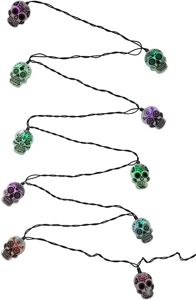 Kurt Adler UL 10-Light LED Sugar Skull Color Changing Light Set - sugar skull ornament