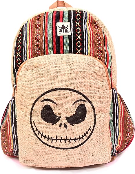 Handcrafted Hemp Backpack from Nepal – Eco-Friendly, Durable, and Stylish with Adjustable Straps-Multi Pocket (skull) - skull backpack