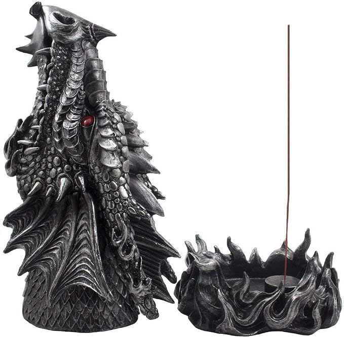 Mythical Fire Breathing Dragon Incense Holder & Burner Combo Statue for Sticks or Cones with Decorative Display Stand of Flames As Gothic Home Decor Aromatherapy Sculptures and Medieval Fantasy Gifts - skull incense burner