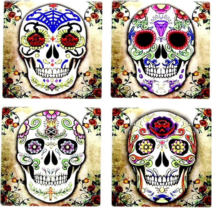 Day of the Dead Dia De Muertos - Sugar Skull Spirit 4 Inch by 4 Inch Ceramic Tile Coaster - Set of 4 - skull coaster