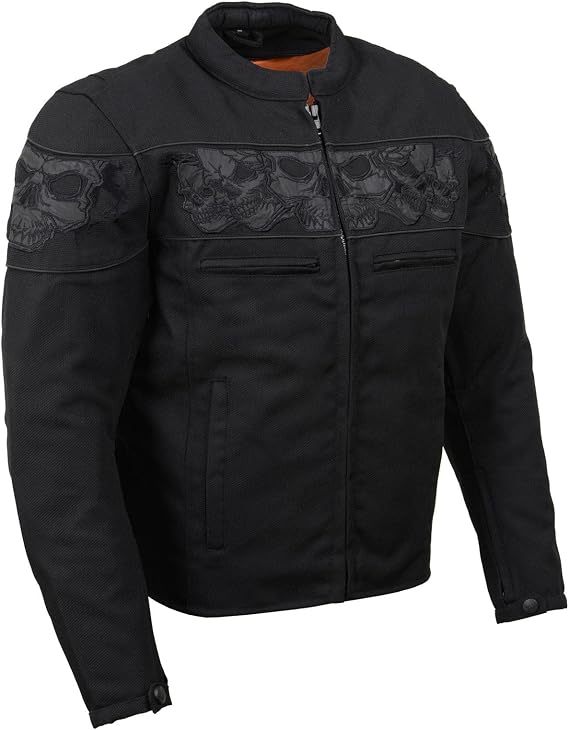Milwaukee Leather MPM1730 Men's Black Padded Textile All Season Motorcycle Jacket w/Reflective Skulls Artwork - skull jacket