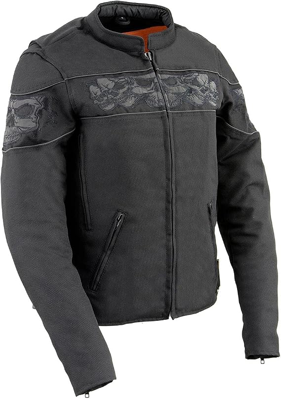Milwaukee Leather MPL2730 Women's Black Crossover Textile Scooter Jacket with Reflective Skulls - skull jacket
