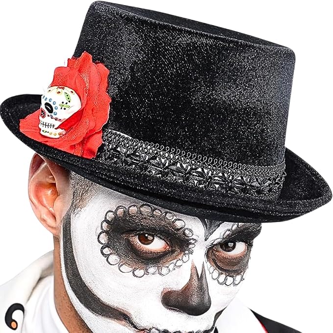 Day Of The Dead Black Top Hat - 1 Count - Stunning, Versatile & Unique Festive Accessory - Perfect Halloween & Costume Party Essential, One Size Fits All - sugar skull costume