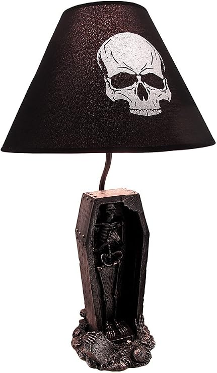 Skeleton Coffin Table Lamp, 22 Inch Gothic Lamp with Skull Print Shade