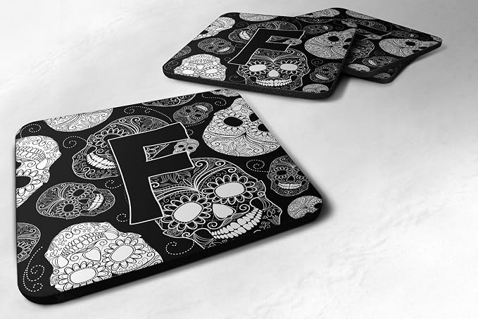 Caroline's Treasures CJ2008-FFC Letter F Day of the Dead Skulls Black Foam Coasters (Set of 4), 3.5", Multicolor - skull coaster