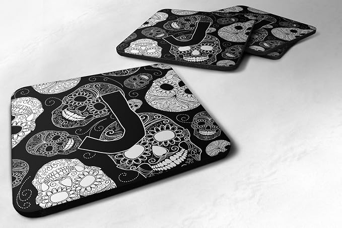 Caroline's Treasures CJ2008-JFC Letter J Day of the Dead Skulls Black Foam Coasters (Set of 4), 3.5", Multicolor - skull coaster