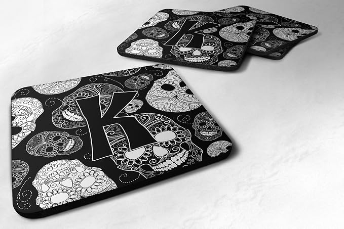 Caroline's Treasures CJ2008-KFC Letter K Day of the Dead Skulls Black Foam Coasters (Set of 4), 3.5", Multicolor - skull coaster