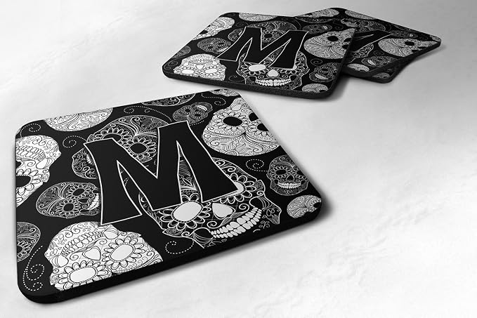 Caroline's Treasures CJ2008-MFC Letter M Day of the Dead Skulls Black Foam Coasters (Set of 4), 3.5", Multicolor - skull coaster