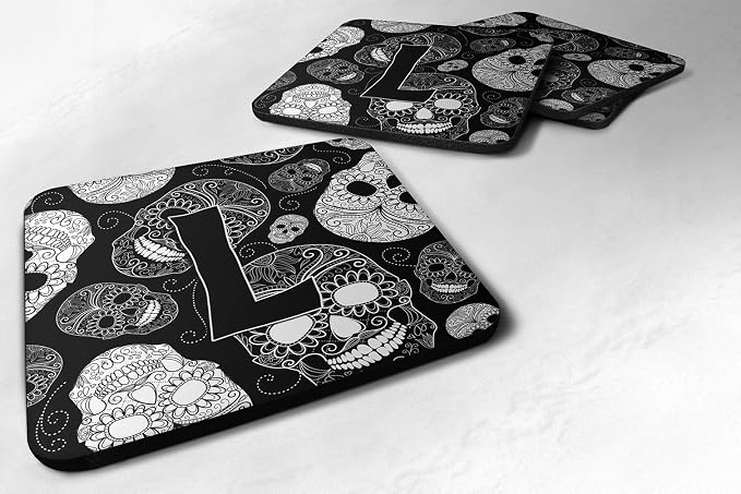 Caroline's Treasures CJ2008-LFC Letter L Day of the Dead Skulls Black Foam Coasters (Set of 4), 3.5", Multicolor - skull coaster