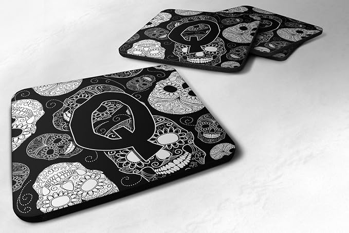 Caroline's Treasures CJ2008-QFC Letter Q Day of the Dead Skulls Black Foam Coasters (Set of 4), 3.5", Multicolor - skull coaster