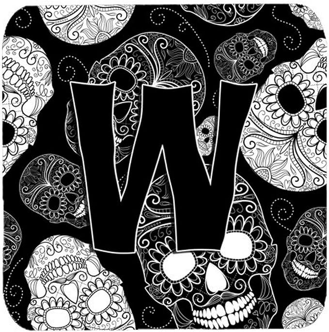 Caroline's Treasures CJ2008-WFC Letter W Day of the Dead Skulls Black Foam Coasters (Set of 4), 3.5", Multicolor - skull coaster