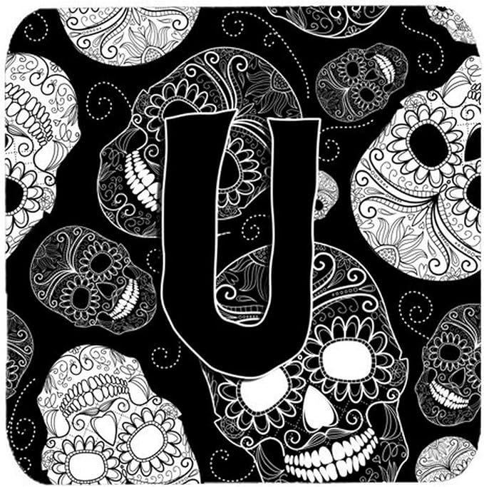 Caroline's Treasures CJ2008-UFC Letter U Day of the Dead Skulls Black Foam Coasters (Set of 4), 3.5", Multicolor - skull coaster