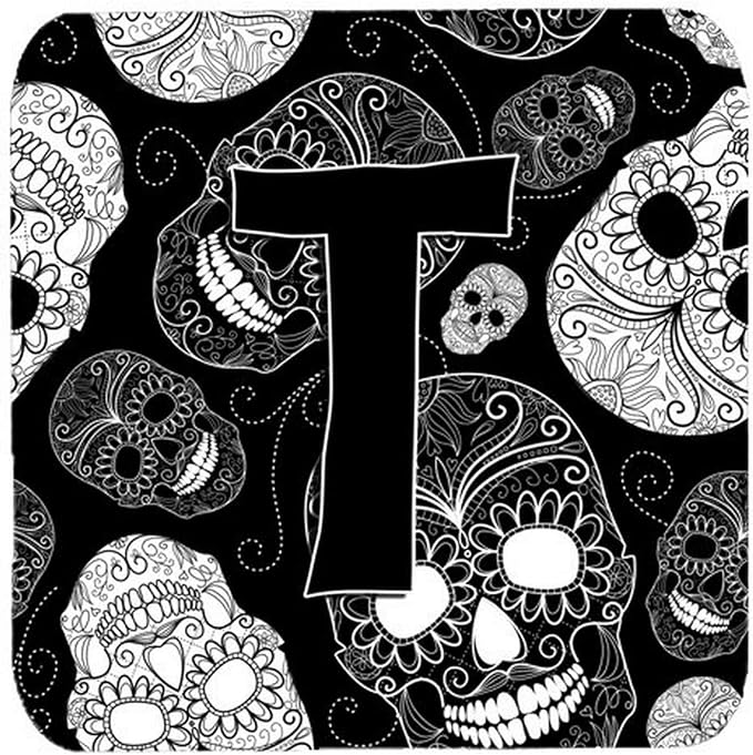 Caroline's Treasures CJ2008-TFC Letter T Day of the Dead Skulls Black Foam Coasters (Set of 4), 3.5", Multicolor - skull coaster