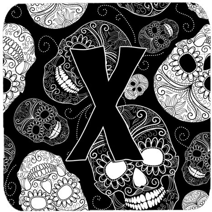 Caroline's Treasures CJ2008-XFC Letter X Day of the Dead Skulls Black Foam Coasters (Set of 4), 3.5", Multicolor - skull coaster