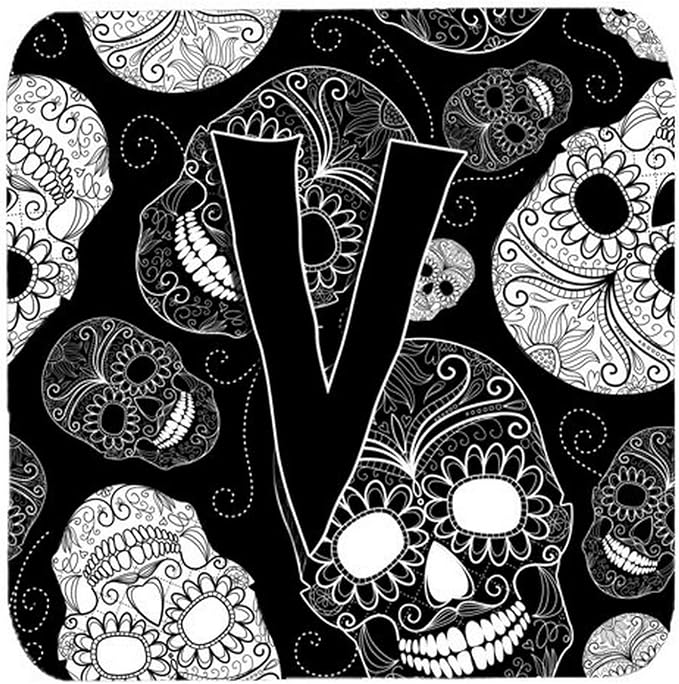 Caroline's Treasures CJ2008-VFC Letter V Day of the Dead Skulls Black Foam Coasters (Set of 4), 3.5", Multicolor - skull coaster