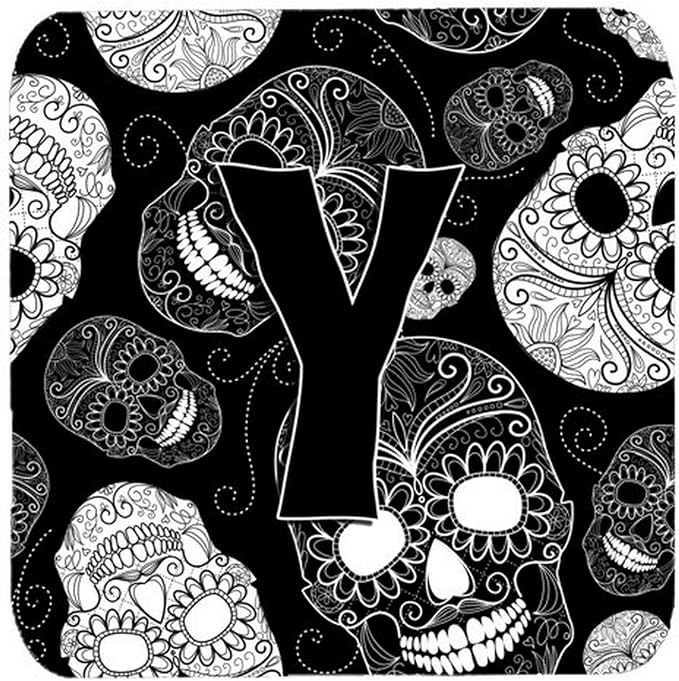 Caroline's Treasures CJ2008-YFC Letter Y Day of the Dead Skulls Black Foam Coasters (Set of 4), 3.5", Multicolor - skull coaster