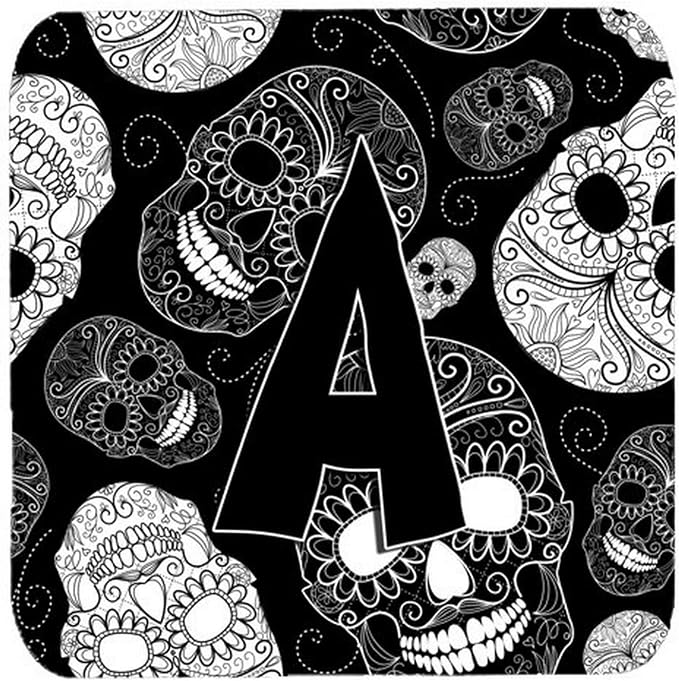 Caroline's Treasures CJ2008-AFC Letter A Day of the Dead Skulls Black Foam Coasters (Set of 4), 3.5", Multicolor - skull coaster