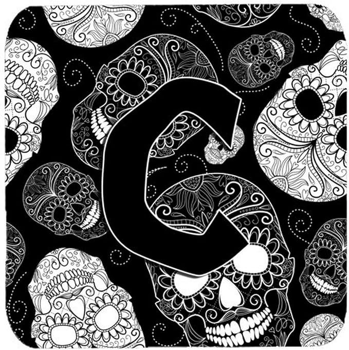 Caroline's Treasures CJ2008-CFC Letter C Day of the Dead Skulls Black Foam Coasters (Set of 4), 3.5", Multicolor - skull coaster