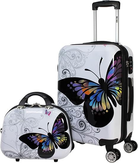 World Traveler Butterfly 2-Piece Carry-On Polycarbonate Hardside Expandable Spinner Luggage Set - skull suitcase