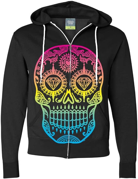 Neon Diamond Eyes Smiling Sugar Skull Zip-Up Hoodie - skull hoodie