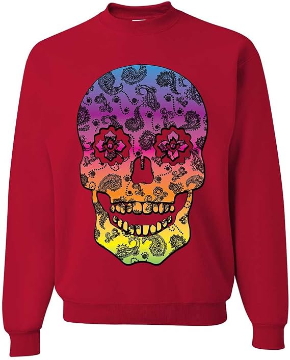 Neon Paisley Print Sugar Skull Crewneck Sweatshirt - skull sweatshirts