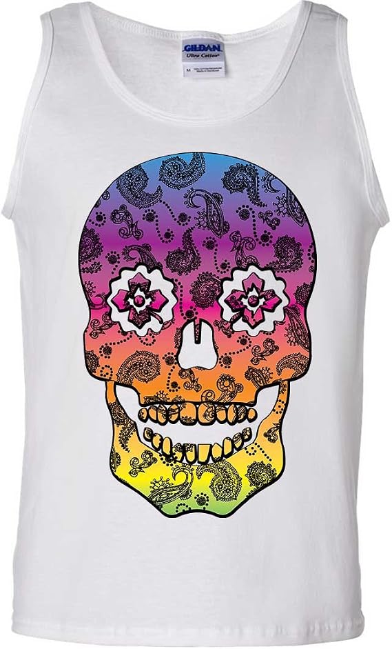 Neon Paisley Print Sugar Skull Asst Colors Tank Top - skull tank tops