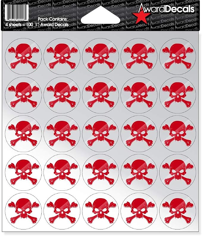 Award Decals New Skull & Crossbone Red/Clear 100 1″ 20mil Vinyl Made in USA