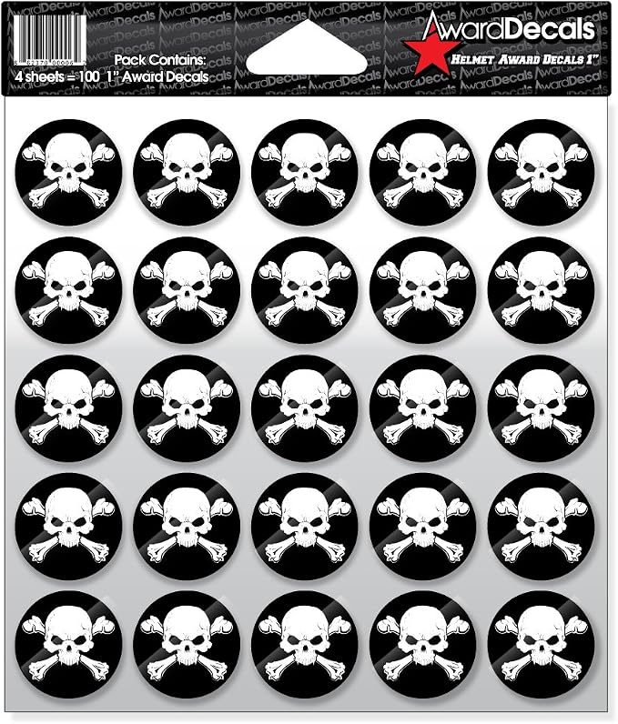 Award Decals New Skull & Crossbone White/Blk 100 1" 20mil Vinyl Made in USA - skull sticker
