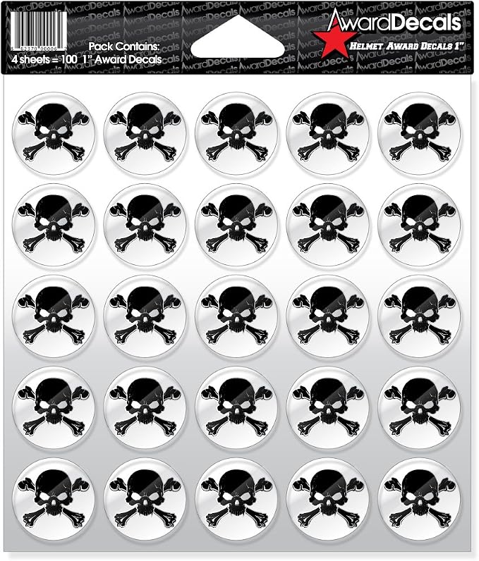 Award Decals New Skull & Crossbone Black 100 1" 20mil Vinyl Made in USA - skull helmet
