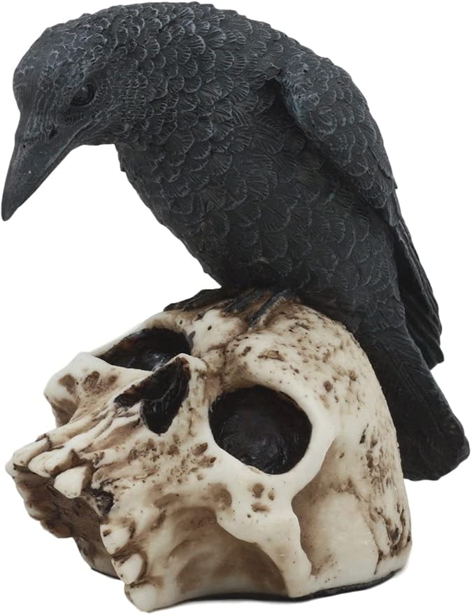 Ebros The Foreboding Dark Crow Raven On Skull Statue 5" Tall Ossuary Scavenger Raven Bird Perching On Skeleton Figurine - skull figurine