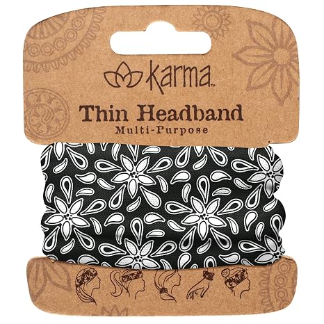 Karma, Thin Headband for Women, Fabric Headband and Stretchy Hair Scarf, Black and White Floral - skull headband